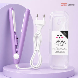 A lavender purple hair straightener shown with its white power cord and a clear protective case on a matching lavender studio background. The brand name 'volo store' appears in the top right corner.